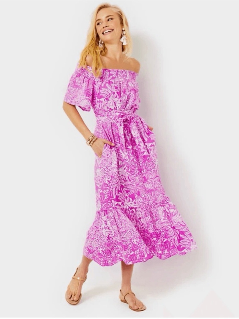 Lilly Pulitzer ISBELL OFF THE SHOULDER LINEN MIDI DRESS - WILD FUCHSIA Size L